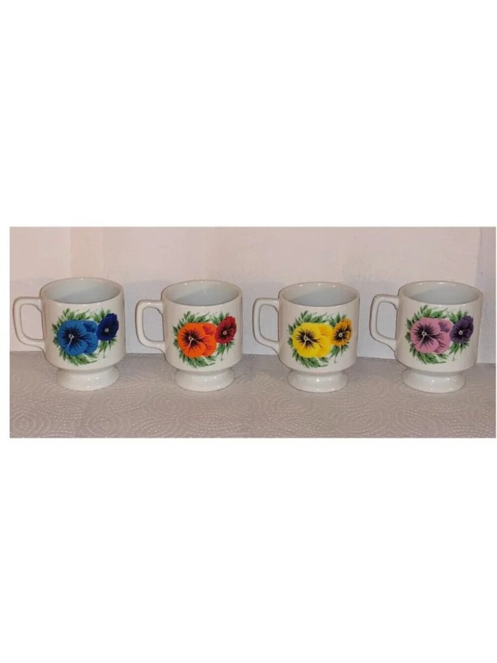 Vintage Retro Ceramic White Coffee Mug Poppy Flower Poppies (Set of 4) **RARE**